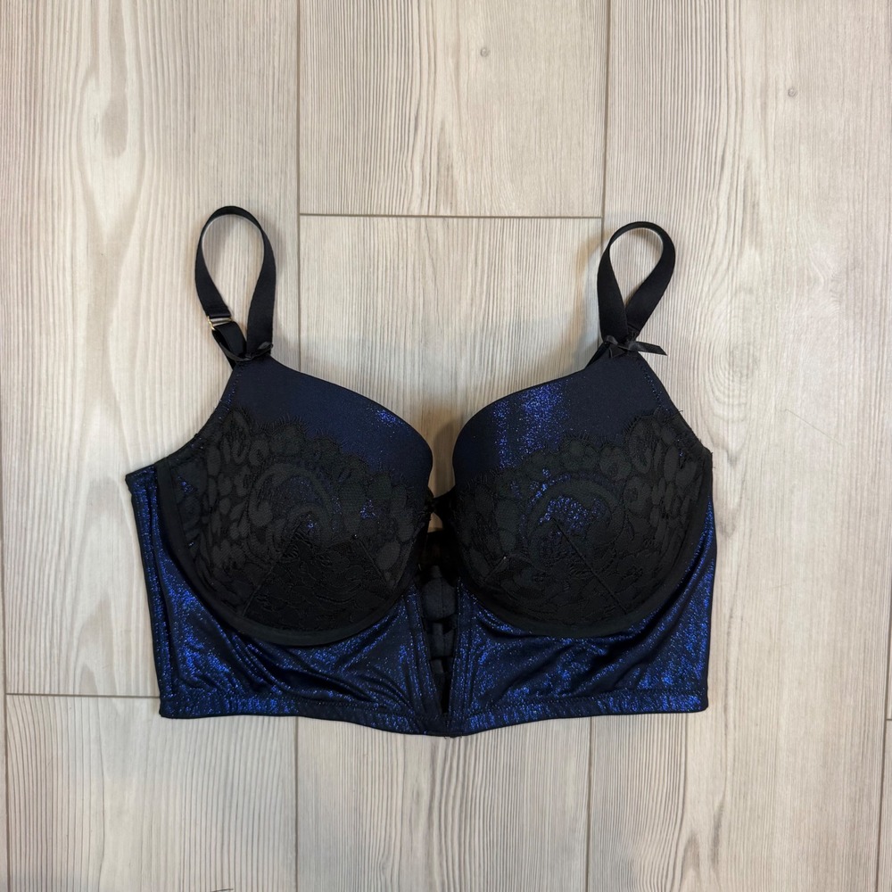 Cacique Metallic Blue Black Lace Lightly Lined Balconette Longline Bra 36DDD